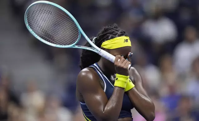 Coco Gauff, of the United States reacts againstTatjana Maria, of Germany, during a second round match of the U.S. Open tennis championships, Wednesday, Aug. 28, 2024, in New York. (AP Photo/Frank Franklin II)