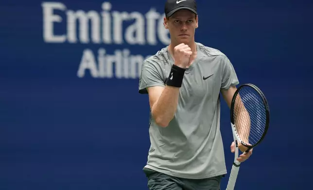 Jannik Sinner, of Italy, reacts after scoring a point against Alex Michelsen, of the United States, during the second round of the U.S. Open tennis championships, Thursday, Aug. 29, 2024, in New York. (AP Photo/Julia Nikhinson)