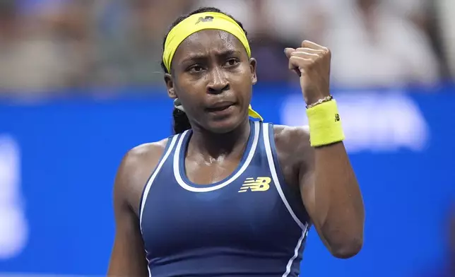 Coco Gauff, of the United States, reacts against Tatjana Maria, of Germany, during a second round match of the U.S. Open tennis championships, Wednesday, Aug. 28, 2024, in New York. (AP Photo/Frank Franklin II)