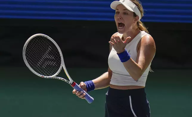 Danielle Collins, of the United States, reacts in the first set against Caroline Dolehide, of the United States, during the first round of the U.S. Open tennis championships, Tuesday, Aug. 27, 2024, in New York. (AP Photo/Seth Wenig)