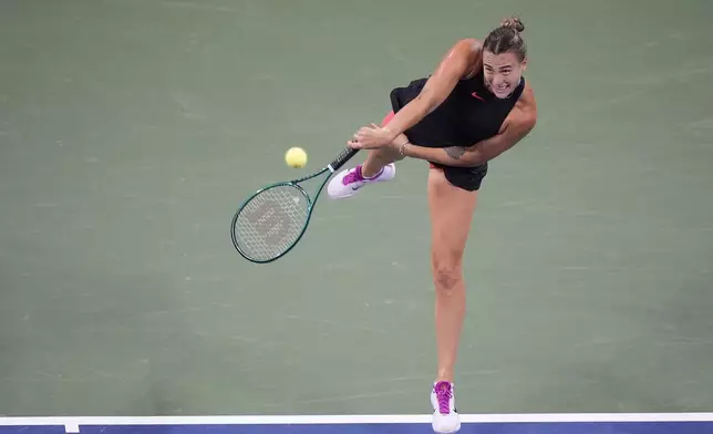 Aryna Sabalenka, of Belarus, serves to Priscilla Hon, of Australia, during a first round match of the U.S. Open tennis championships, Monday, Aug. 26, 2024, in New York. (AP Photo/Frank Franklin II)