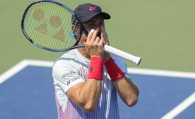 Casper Ruud, of Norway, reacts after a shot to Bu Yunchaokete, of China, during the first round of the U.S. Open tennis championships, Monday, Aug. 26, 2024, in New York. (AP Photo/Kirsty Wigglesworth)