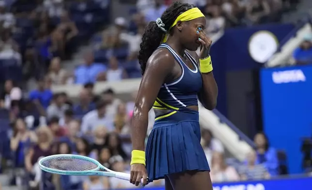 Coco Gauff, of the United States, reacts against Tatjana Maria, of Germany, during a second round match of the U.S. Open tennis championships, Wednesday, Aug. 28, 2024, in New York. (AP Photo/Frank Franklin II)