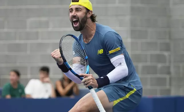 Jordan Thompson, of Australia, reacts after scoring a point against Hubert Hurkacz, of Poland, during the second round of the U.S. Open tennis championships, Thursday, Aug. 29, 2024, in New York. (AP Photo/Pamela Smith)