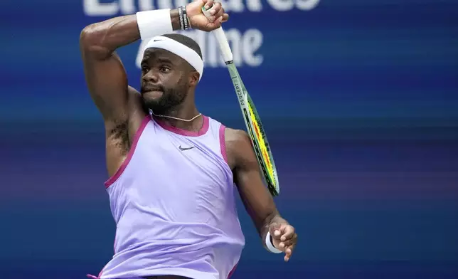 Frances Tiafoe, of the United States, returns a shot to Alexander Shevchenko, of Kazakhstan, during the second round of the U.S. Open tennis championships, Wednesday, Aug. 28, 2024, in New York. (AP Photo/Pamela Smith)