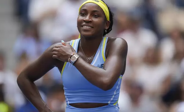 Coco Gauff, of the United States, reacts after defeating Varvara Gracheva, of France, during the first round of the U.S. Open tennis championships, Monday, Aug. 26, 2024, in New York. (AP Photo/Seth Wenig)