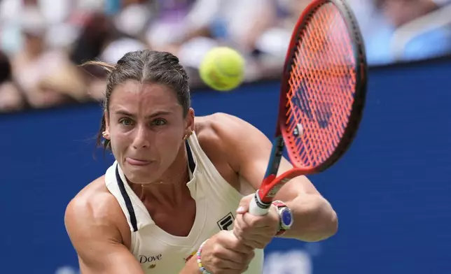 Emma Navarro, of the United States, reacts after defeating Victoria Azarenka, of Belarus, during the third round of the U.S. Open tennis championships, Friday, Aug. 30, 2024, in New York. (AP Photo/Matt Rourke)