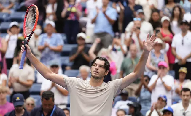 Taylor Fritz, of the United States, reacts after defeating Camilo Uno Carabelli, of Argentina, during the first round of the U.S. Open tennis championships, Monday, Aug. 26, 2024, in New York. (AP Photo/Kirsty Wigglesworth)