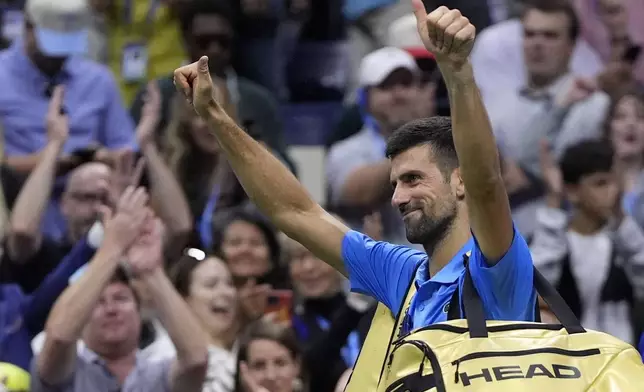 Novak Djokovic, of Serbia, reacts against Alexei Popyrin, of Australia, during a third round match of the U.S. Open tennis championships, Friday, Aug. 30, 2024, in New York. (AP Photo/Julia Nikhinson)