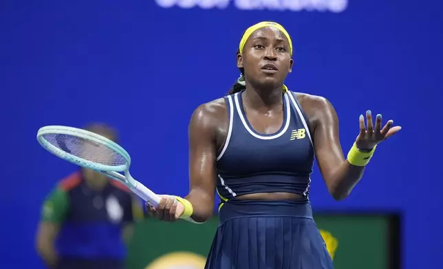 Coco Gauff, of the United States reacts againstTatjana Maria, of Germany, during a second round match of the U.S. Open tennis championships, Wednesday, Aug. 28, 2024, in New York. (AP Photo/Frank Franklin II)