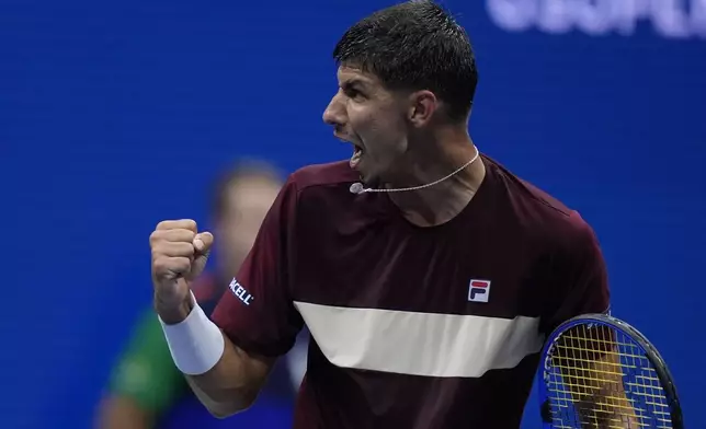 Alexei Popyrin, of Australia, reacts against Novak Djokovic, of Serbia, during a third round match of the U.S. Open tennis championships, Friday, Aug. 30, 2024, in New York. (AP Photo/Julia Nikhinson)