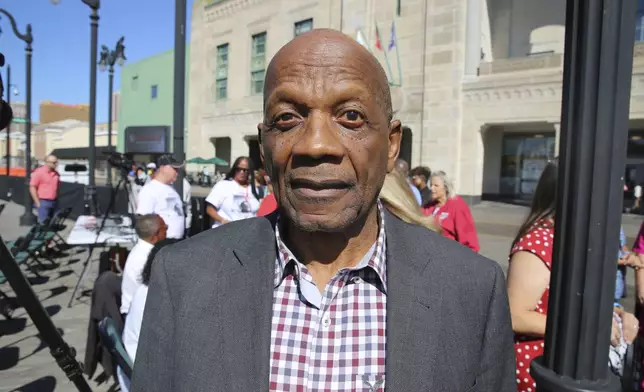 Roy DeBerry of the Student Nonviolent Coordinating Committee stands outside Boardwalk Hall in Atlantic City, N.J., Tuesday, Aug. 20, 2024, where he protested as a teenager when the Democratic National Convention was held at the hall in 1964. (AP Photo/Ted Shaffrey)