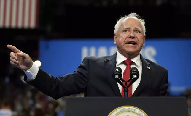 FILE - Democratic vice presidential nominee Minnesota Gov. Tim Walz speaks at a campaign rally, Saturday, Aug. 10, 2024, in Las Vegas. (AP Photo/Julia Nikhinson, File)