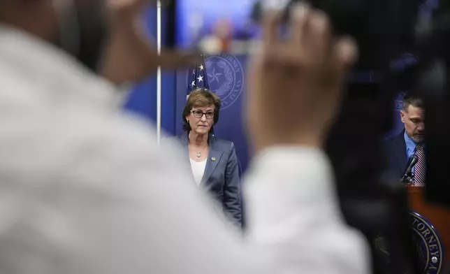 Harris County District Attorney Kim Ogg announces corruption charges related to 2022 Election during a press conference on Tuesday, Aug. 13, 2024, in Houston. Prosecutors will pursue criminal charges against a county employee who was allegedly working a second job while polls ran out of paper ballots. (Raquel Natalicchio/Houston Chronicle via AP)