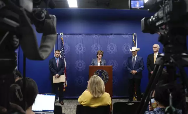 Harris County District Attorney Kim Ogg announces corruption charges related to 2022 Election alongside Michael Levine, Chief Assistant District Attorney for Public Corruption, left, First Assistant/Chief of Courts David Mitcham, right, and Ryan Christian, with the Texas Rangers, second right, during a press conference Tuesday, Aug. 13, 2024, in Houston. Ogg said that her office will pursue criminal charges against a county employee who was allegedly working a second job while polls ran out of paper ballots. (Raquel Natalicchio/Houston Chronicle via AP)