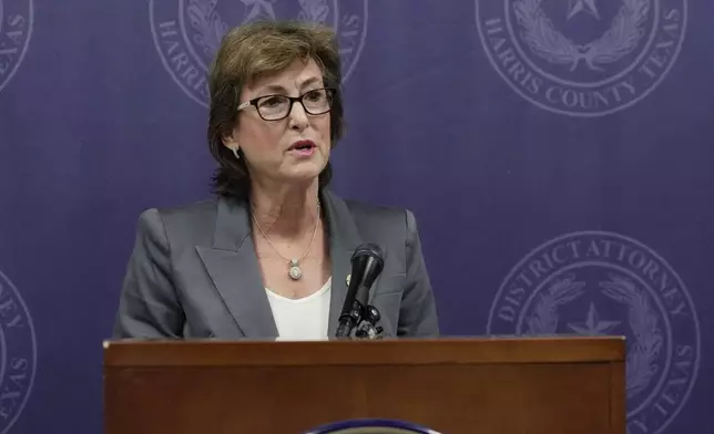 Harris County District Attorney Kim Ogg announces corruption charges related to 2022 Election during a press conference on Tuesday, Aug. 13, 2024, in Houston. Prosecutors say an investigation found no evidence of intent to influence 2022 election outcomes, but Ogg said that her office will pursue criminal charges against a county employee who was allegedly working a second job while polls ran out of paper ballots. (Raquel Natalicchio/Houston Chronicle via AP)