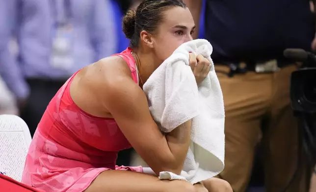 FILE - Aryna Sabalenka, of Belarus, reacts after losing to Coco Gauff, in the women's singles final of the U.S. Open tennis championships, Saturday, Sept. 9, 2023, in New York. (AP Photo/Manu Fernandez, File)