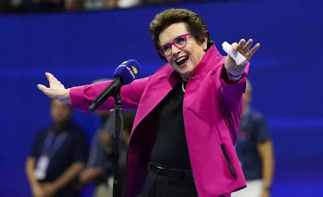 FILE - Billie Jean King speaks after Serena Williams defeated Danka Kovinic during the first round of the U.S. Open tennis championships, Monday, Aug. 29, 2022, in New York. (AP Photo/John Minchillo, File)