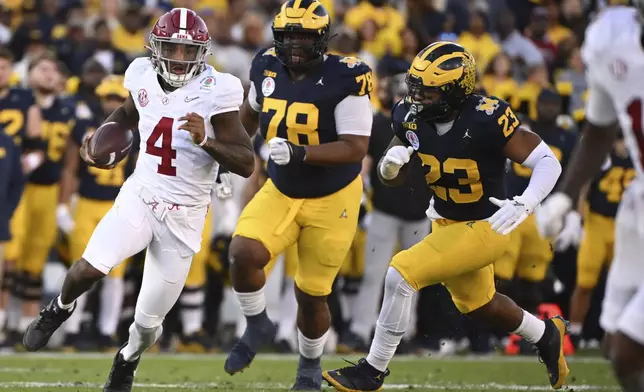 FILE - Alabama quarterback Jalen Milroe (4) runs past Michigan defensive lineman Kenneth Grant (78) and linebacker Michael Barrett (23) during the first half of the Rose Bowl CFP NCAA semifinal college football game Monday, Jan. 1, 2024, in Pasadena, Calif. (AP Photo/Kyusung Gong, File)