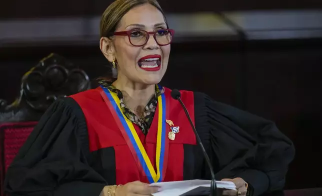 Supreme Court President Caryslia Rodriguez speaks at the Court which is performing an audit of the disputed results of the presidential election in Caracas, Venezuela, Thursday, Aug. 22, 2024. (AP Photo/Ariana Cubillos)