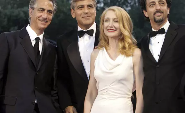 FILE - Actor David Strathairn, from left, actor-director George Clooney, actress Patricia Clarkson, and producer Grant Heslov appear at the screening of their film "Good night, and Good Luck" at the 62nd edition of the Venice Film Festival in Venice, northern Italy on Sept. 1, 2005. (AP Photo/Domenico Stinellis, File)