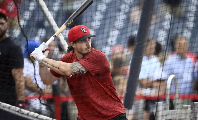 Washington Nationals' Dylan Crews takes batting practice before a baseball game against the New York Yankees, Monday, Aug. 26, 2024, in Washington. Crews is set to make his major league debut. (AP Photo/Nick Wass)