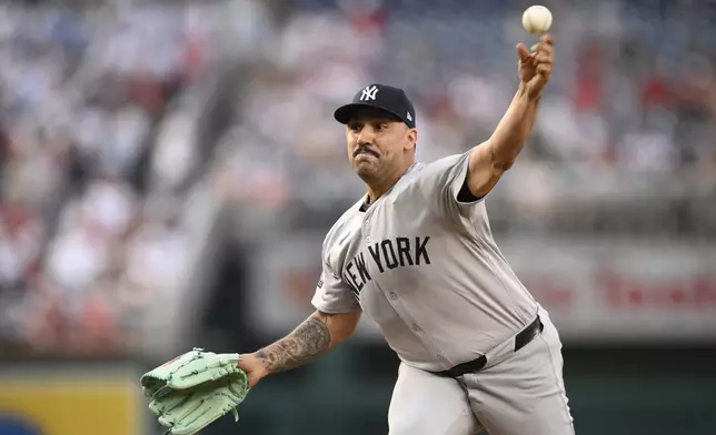 New York Yankees starting pitcher Nestor Cortes throws during the first inning of a baseball game against the Washington Nationals, Monday, Aug. 26, 2024, in Washington. (AP Photo/Nick Wass)