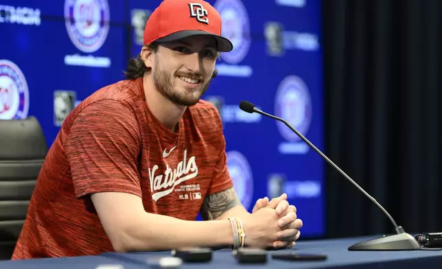 Washington Nationals' Dylan Crews talks to the media during a news conference before a baseball game between the Nationals and the New York Yankees, Monday, Aug. 26, 2024, in Washington. (AP Photo/Nick Wass)