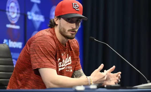 Washington Nationals' Dylan Crews talks to the media during a news conference before a baseball game between the Nationals and the New York Yankees, Monday, Aug. 26, 2024, in Washington. (AP Photo/Nick Wass)