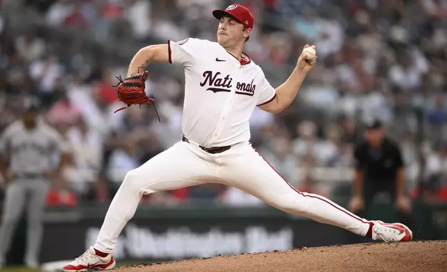 Washington Nationals starting pitcher Mitchell Parker throws during the second inning of a baseball game against the New York Yankees, Monday, Aug. 26, 2024, in Washington. (AP Photo/Nick Wass)