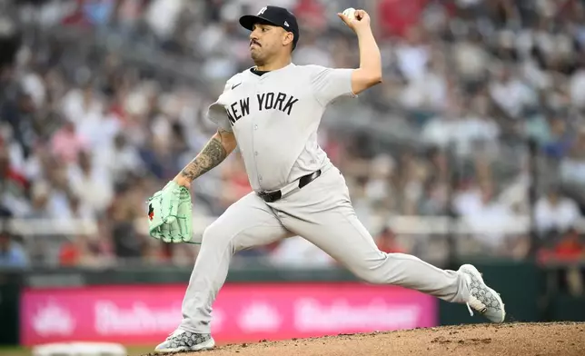 New York Yankees starting pitcher Nestor Cortes throws during the second inning of a baseball game against the Washington Nationals, Monday, Aug. 26, 2024, in Washington. (AP Photo/Nick Wass)