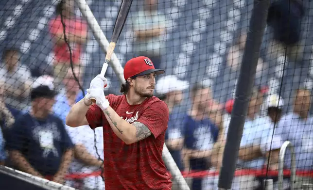 Washington Nationals' Dylan Crews takes batting practice before a baseball game against the New York Yankees, Monday, Aug. 26, 2024, in Washington. Crews is set to make his major league debut. (AP Photo/Nick Wass)