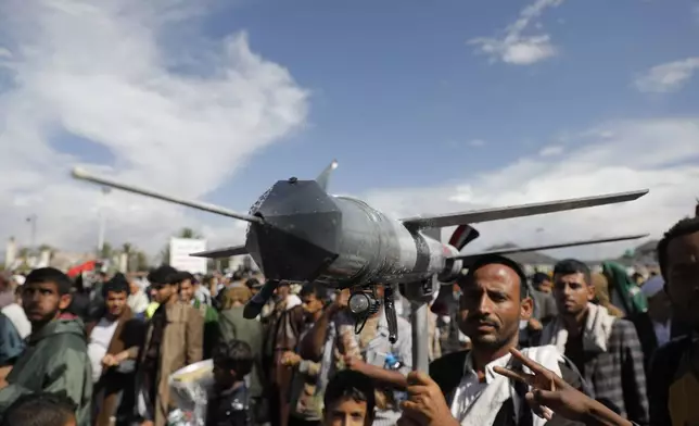 Houthi supporters attend an anti-Israel and anti-US rally in Sanaa, Yemen, Friday, Aug. 23, 2024. (AP Photo/Osamah Abdulrahman)