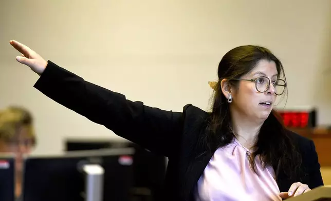 Public Defender Mariana Dominguez gives the opening in the Victor Malavet trial at Merrimack County Superior Court in Concord, N.H., Monday, Aug. 26, 2024. Malavet, a former state employee, is charged in connection with the attorney general's probe of the Sununu Youth Services Center in Manchester. (David Lane/Union Leader via AP, Pool)