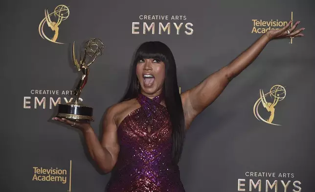 Angela Bassett poses with her award for outstanding narrator for "Queens" on night one of the Creative Arts Emmy Awards on Saturday, Sept. 7, 2024, in Los Angeles. (Photo by Richard Shotwell/Invision/AP)