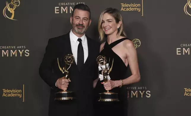 Jimmy Kimmel and Molly McNearney attend night one of the Creative Arts Emmy Awards on Saturday, Sept. 7, 2024, in Los Angeles. (Photo by Richard Shotwell/Invision/AP)