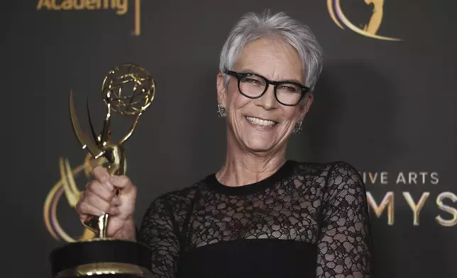 Jamie Lee Curtis poses with her award for outstanding guest actress in a comedy series for “The Bear” on night two of the Creative Arts Emmy Awards on Sunday, Sept. 8, 2024, in Los Angeles. (Photo by Richard Shotwell/Invision/AP)