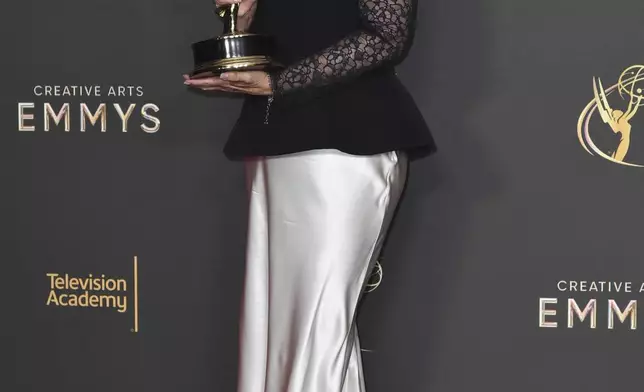 Jamie Lee Curtis poses with her award for outstanding guest actress in a comedy series for “The Bear” on night two of the Creative Arts Emmy Awards on Sunday, Sept. 8, 2024, in Los Angeles. (Photo by Richard Shotwell/Invision/AP)