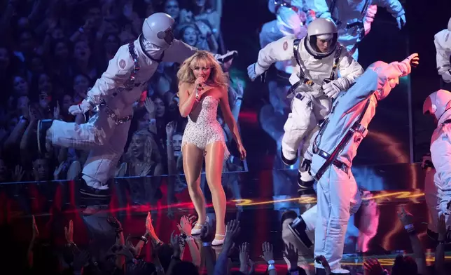 Sabrina Carpenter performs "Espresso" during the MTV Video Music Awards on Wednesday, Sept. 11, 2024, at UBS Arena in Elmont, N.Y. (Photo by Charles Sykes/Invision/AP)