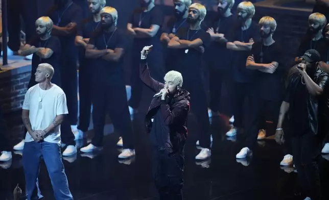 Eminem performs "Houdini" during the MTV Video Music Awards on Wednesday, Sept. 11, 2024, at UBS Arena in Elmont, N.Y. (Photo by Charles Sykes/Invision/AP)