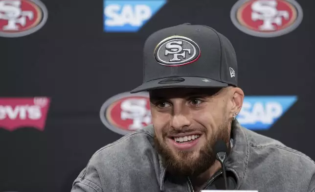 FILE - San Francisco 49ers first round draft pick Ricky Pearsall speaks at an NFL football news conference, April 26, 2024, at the team's facility in Santa Clara, Calif. (AP Photo/Godofredo A. Vásquez, File)