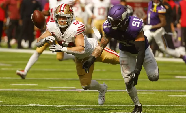 Minnesota Vikings linebacker Blake Cashman (51) breaks up a pass intended for San Francisco 49ers fullback Kyle Juszczyk (44) during the second half of an NFL football game, Sunday, Sept. 15, 2024, in Minneapolis. (AP Photo/Bruce Kluckhohn)