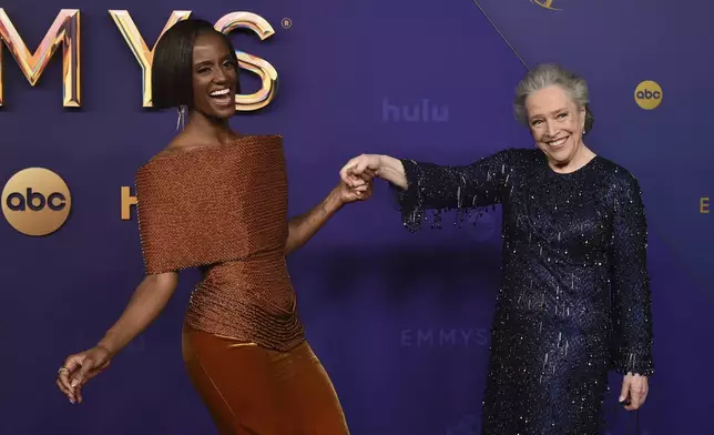 Skye P. Marshall, left, and Kathy Bates arrive at the 76th Primetime Emmy Awards on Sunday, Sept. 15, 2024, at the Peacock Theater in Los Angeles. (Photo by Richard Shotwell/Invision/AP)