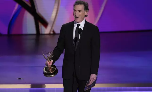 Billy Crudup accepts the award for outstanding supporting actor in a drama series for "The Morning Show" during the 76th Primetime Emmy Awards on Sunday, Sept. 15, 2024, at the Peacock Theater in Los Angeles. (AP Photo/Chris Pizzello)