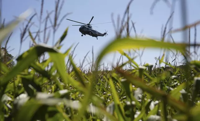 Marine One, with President Joe Biden aboard, arrives before a ceremony marking the anniversary of the Sept. 11 attacks at the Flight 93 National Memorial, Wednesday, Sept. 11, 2024, in Shanksville, Pa. (AP Photo/Evan Vucci)