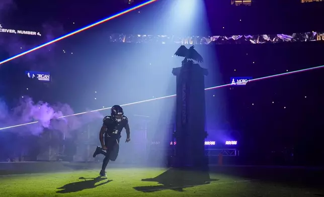 Baltimore Ravens wide receiver Zay Flowers takes the field prior to an NFL football game against the Buffalo Bills, Sunday, Sept. 29, 2024, in Baltimore. (AP Photo/Stephanie Scarbrough)