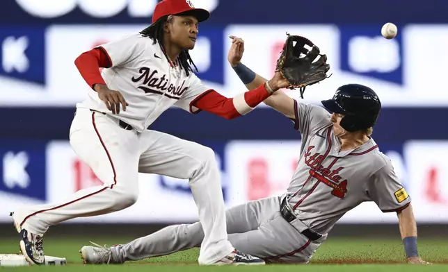 Washington Nationals shortstop CJ Abrams, left, fields a late throw as Atlanta Braves' Luke Williams steals second base during the third inning of a baseball game Tuesday, Sept. 10, 2024, in Washington. (AP Photo/John McDonnell)