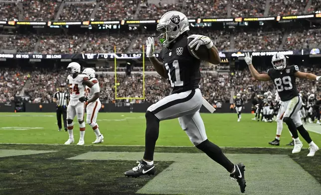 Las Vegas Raiders wide receiver Tre Tucker celebrates after scoring a touchdown during the first half of an NFL football game against the Cleveland Browns Sunday, Sept. 29, 2024, in Las Vegas. (AP Photo/David Becker)