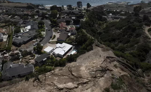 An aerial view shows a neighborhood damaged by ongoing landslides in Rancho Palos Verdes, Calif., Tuesday, Sept. 3, 2024. (AP Photo/Jae C. Hong)