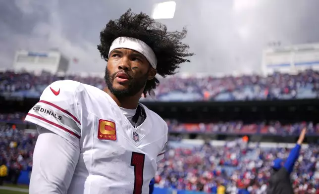 Arizona Cardinals quarterback Kyler Murray walks off the field after an NFL football game against the Buffalo Bills Sunday, Sept. 8, 2024, in Orchard Park, N.Y. The Bills won 34-28. (AP Photo/Matt Slocum)